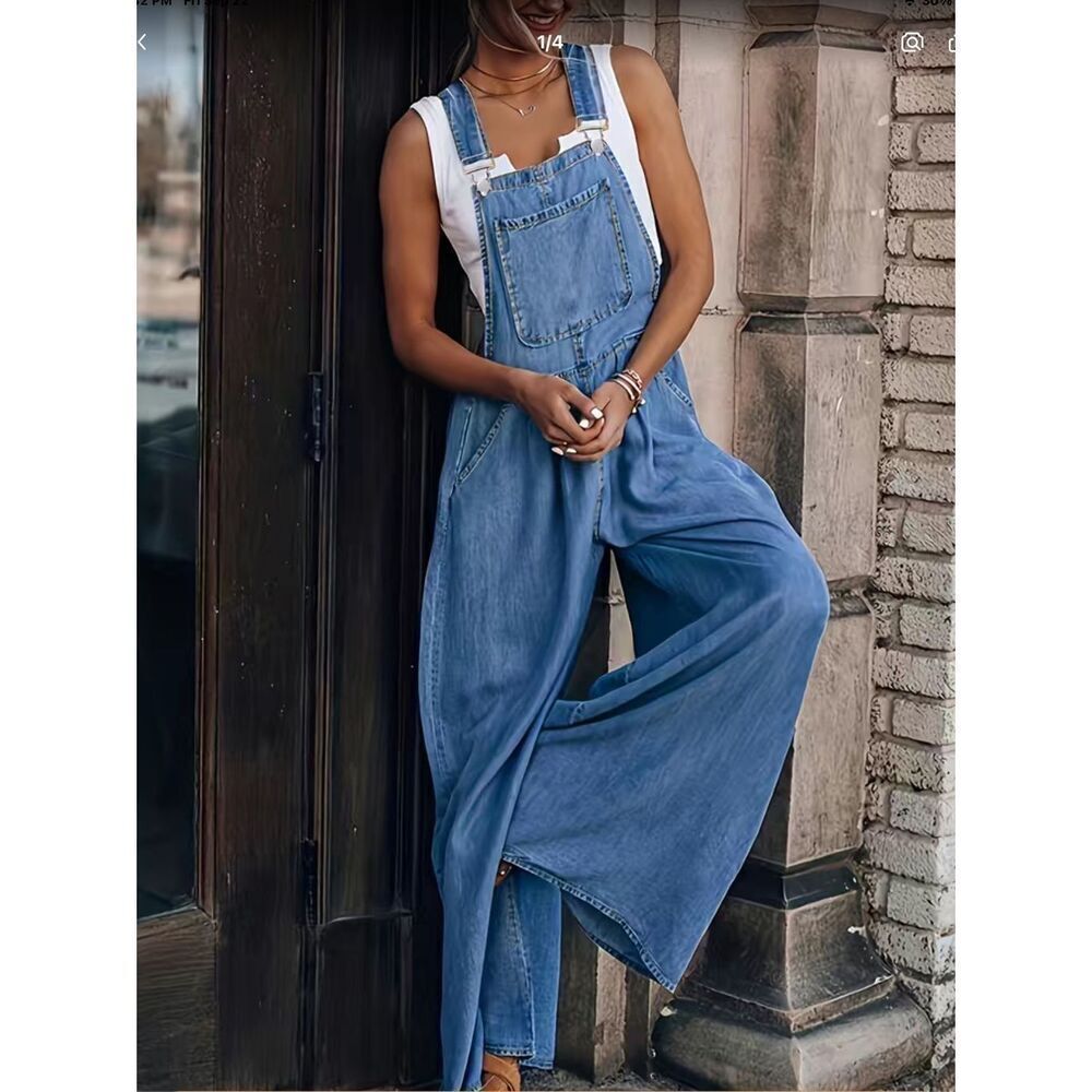 New Super Wide Leg Denim Overalls with Pockets Boho Hippie 90’s Stonewashed XL